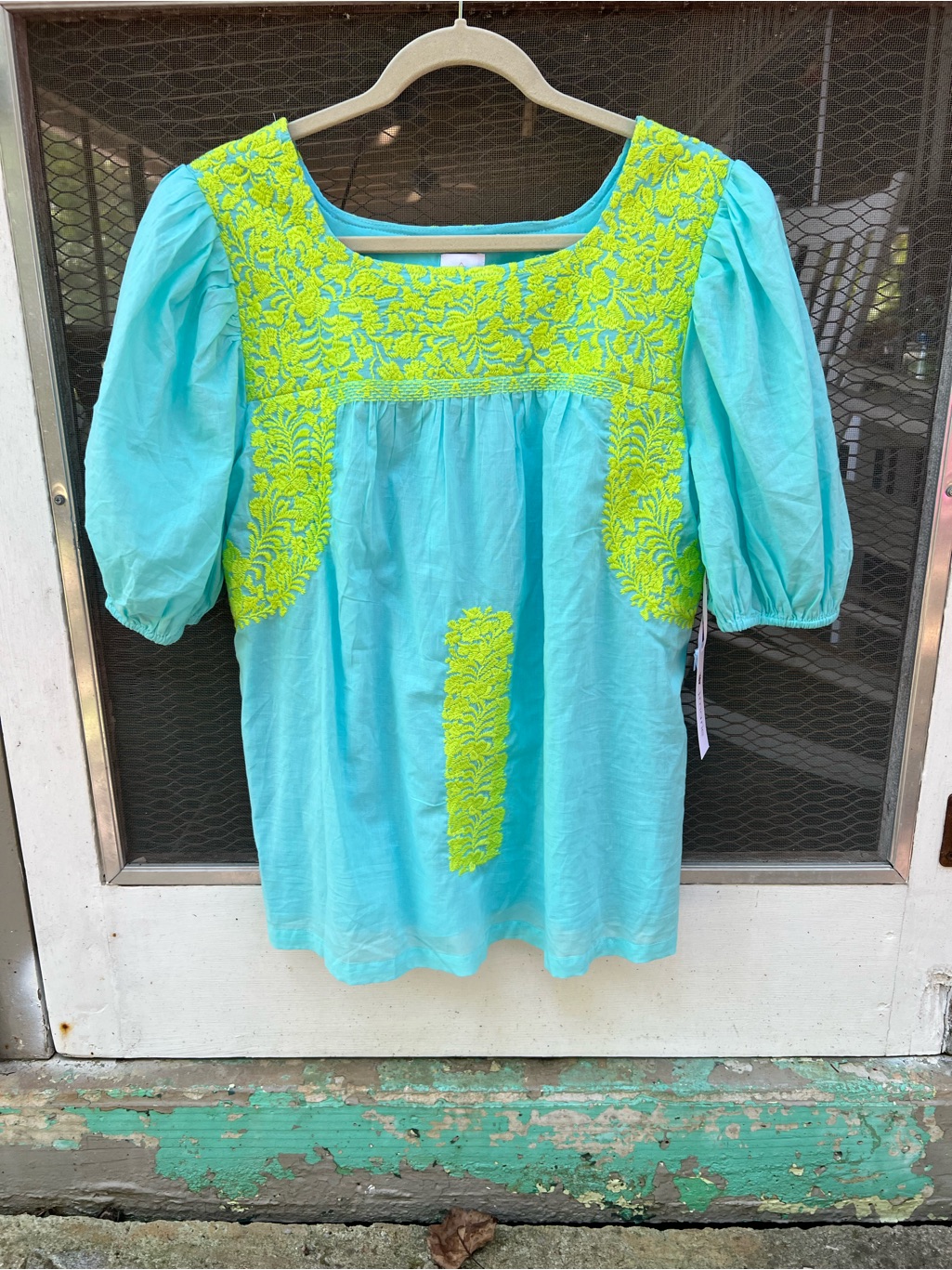 Nwt Embroidered Aqua Tunic With Lime Floral Yoke